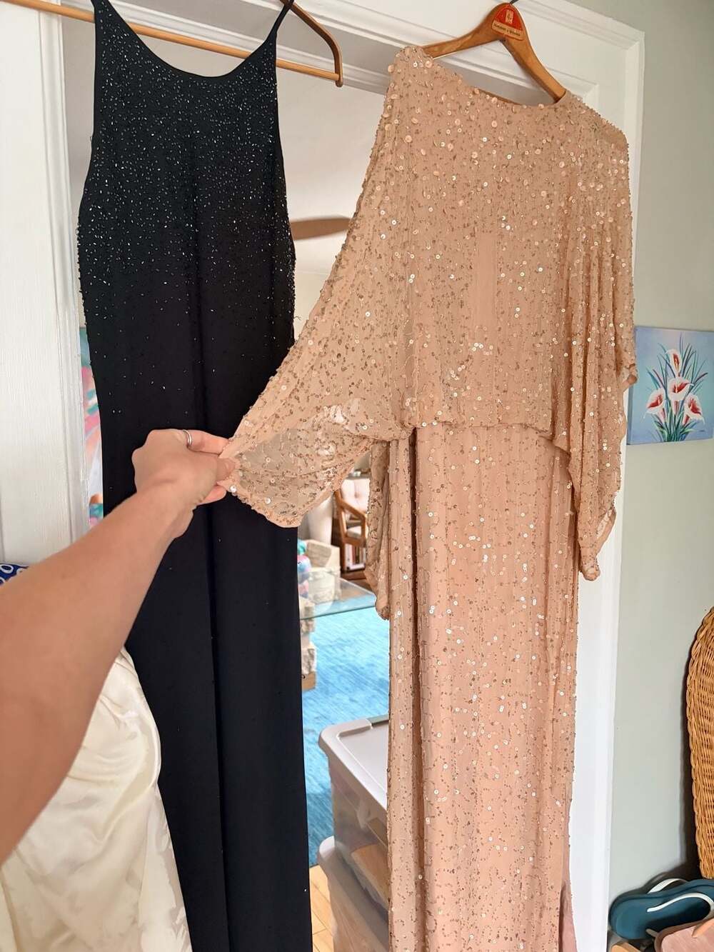 Mac Duggal Beaded Mesh Kaftan Evening Gown Blush Pink